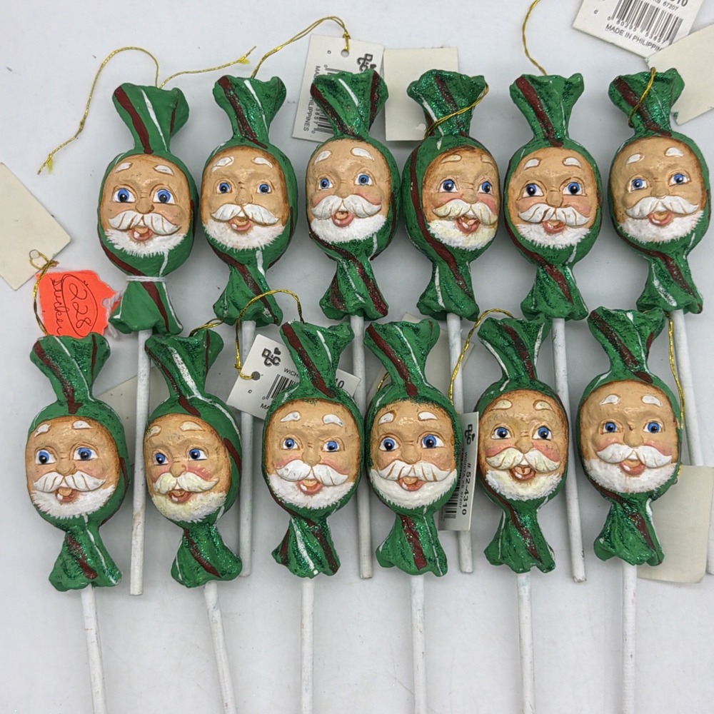 4- Vintage Santa lollipop sucker Christmas ornament hand painted NOS (4 Random)